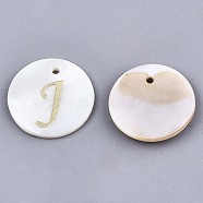 Natural Freshwater Shell Pendants, with Golden Plated Brass Etched Metal Embellishments, Flat Round with Letter, Letter.J, 15x2mm, Hole: 1.2mm(X-SHEL-N027-04J)