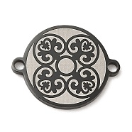 304 Stainless Steel Connector Charms, Flat Round Links with Flower Pattern, Electrophoresis Black, 16x20x1.5mm, Hole: 1.6mm(STAS-A086-14EB)