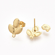 304 Stainless Steel Stud Earring Findings, with Loop and Ear Nuts/Earring Backs, Leaf, Real Gold Plated, 14x11mm, Hole: 1mm, Pin: 0.7mm(STAS-S079-68A)
