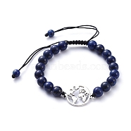 Unisex Adjustable Natural Lapis Lazuli Braided Bead Bracelets, with Alloy Links and Nylon Cord, World Map, 2-1/8 inch~4 inch(5.3~10.3cm)(BJEW-JB05138-04)