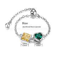 SHEGRACE Adjustable Rhodium Plated 925 Sterling Silver Finger Ring Chain, with AAA Cubic Zirconia, Green Heart and Yellow Square, Platinum, 60mm(JR618A)