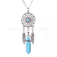 Platinum Aolly Web with Feather Shape Alloy Pendant Necklace, Synthetic Turquoise Bullet Necklace, 17.72 inch(45cm)(PW-WG42683-02)