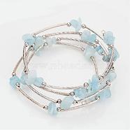 Four Loops Natural Aquamarine Beaded Wrap Bracelets, with Brass Tube Beads and and Steel Memory Wire, 56mm(BJEW-JB02332-01)