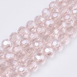 Faceted(32 Facets) Electroplate Glass Bead Strands, Pearl Luster Plated, Round, Pink, 8x7mm, 67~69pcs/strand, 19.29~19.69 inch(X-EGLA-R015-8mm-8)