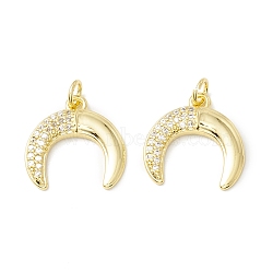 Rack Plating Brass Micro Pave Cubic Zirconia Pendants, Real 18K Gold Plated, Long-Lasting Plated, Double Horn/Crescent Moon, Clear, 17x17x3mm, Jump Ring: 5x0.8mm, 3.4mm Inner Diameter(KK-E278-10G)