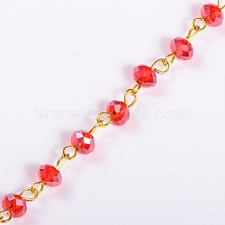 Handmade Rondelle Glass Beads Chains for Necklaces Bracelets Making, with Golden Iron Eye Pin, Unwelded, Red, 39.3 inch, Glass Beads: 6x4mm(AJEW-JB00037-06)