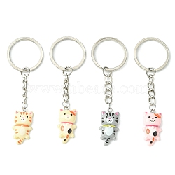 Cat Resin Pendants Keychain, with Iron Split Key Rings, Mixed Color, 8.5cm, 4pcs/set(KEYC-JKC00500)