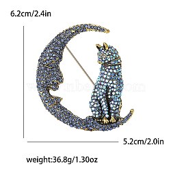 Alloy and Glass Rhinestone Brooch, Moon with Cat Shape, Golden, Light Blue, 62x52mm(PW-WG8947A-01)