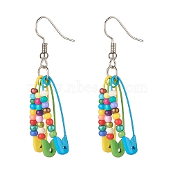 Glass Seed Beaded Safety Pins Long Dangle Earrings, Beads Chandelier Earrings for Women, Colorful, 52mm, Pin: 0.6mm(EJEW-JE04715)