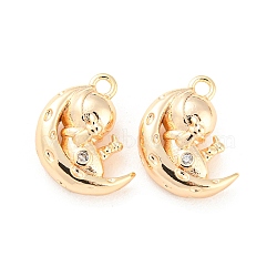 Brass Micro Pave Cubic Zirconia Pendants, Moon with Spaceman, Real 18K Gold Plated, 12x9x5mm, Hole: 1.4mm(KK-E090-23G)