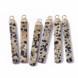 Top Golden Plated Natural Dalmatian Jasper Pendants, with Golden Tone Iron Loops, Bar, 44~45x5.5x3mm, Hole: 2mm(X-G-S359-028G)