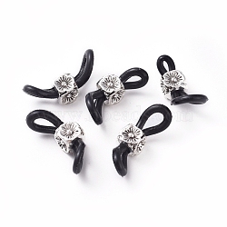 Eyeglass Holders, Glasses Rubber Loop Ends, with Zinc Alloy Beads, Flower, Black, Antique Silver, 22mm, Hole: 2.8mm(PALLOY-G259-02AS)