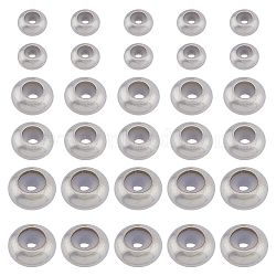 50Pcs 3 Style 316L Surgical Stainless Steel Beads, with Rubber Inside, Slider Beads, Stopper Beads, Rondelle, Stainless Steel Color, 7~10x3.5~5mm, Rubber Hole: 1~5mm(STAS-DC0014-49)
