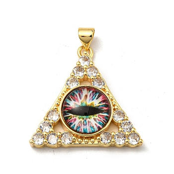 Real 18K Gold Plated Brass Pendants, with Glass and Acrylic, Triangle With Evil Eye Charms, Colorful, 27x28x7mm, Hole: 4x3.5mm