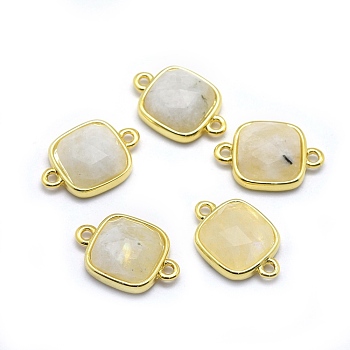 Natural Rainbow Moonstone Links connectors, with Golden Tone Brass Findings, Square, Faceted, 16x11x5mm, Hole: 1.2mm