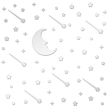 Custom Acrylic Wall Stickers, for Home Living Room Bedroom Decoration, Square with Moon and Star Pattern, Silver, 300x300mm, 3pcs/set