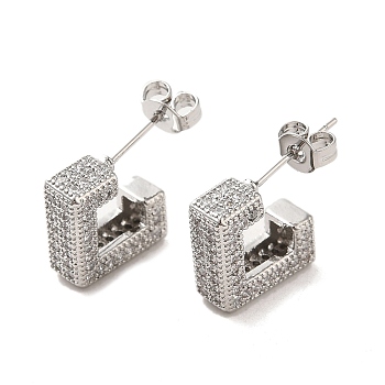 Brass Micro Pave Clear Cubic Zirconia Stud Earrings for Women, Letter J, Platinum, 13x4mm