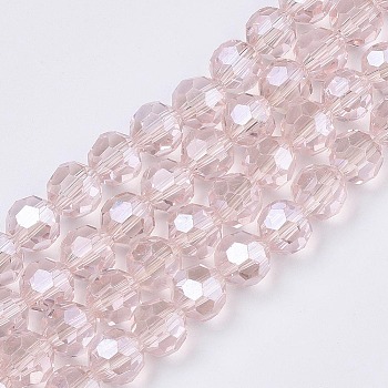 Faceted(32 Facets) Electroplate Glass Bead Strands, Pearl Luster Plated, Round, Pink, 8x7mm, 67~69pcs/strand, 19.29~19.69 inch