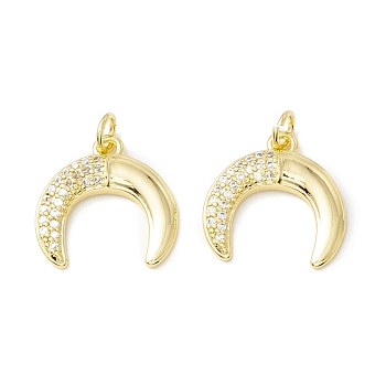 Rack Plating Brass Micro Pave Cubic Zirconia Pendants, Real 18K Gold Plated, Long-Lasting Plated, Double Horn/Crescent Moon, Clear, 17x17x3mm, Jump Ring: 5x0.8mm, 3.4mm Inner Diameter