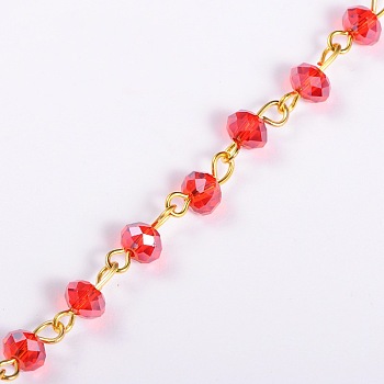 Handmade Rondelle Glass Beads Chains for Necklaces Bracelets Making, with Golden Iron Eye Pin, Unwelded, Red, 39.3 inch, Glass Beads: 6x4mm