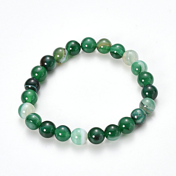 Natural Striped Agate/Banded Agate Beaded Stretch Bracelets, Dyed, Round, Sea Green, 2-1/8 inch(55mm)