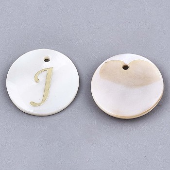 Natural Freshwater Shell Pendants, with Golden Plated Brass Etched Metal Embellishments, Flat Round with Letter, Letter.J, 15x2mm, Hole: 1.2mm