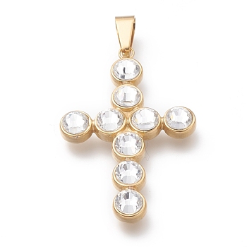 304 Stainless Steel Rhinestone Big Pendants, Cross, Crystal, Golden, 50x32x6.5mm, Hole: 10x4mm