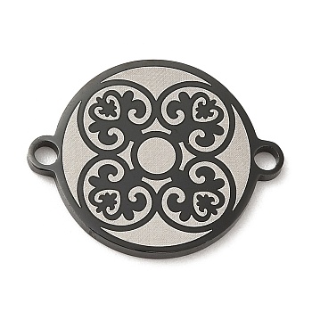 304 Stainless Steel Connector Charms, Flat Round Links with Flower Pattern, Electrophoresis Black, 16x20x1.5mm, Hole: 1.6mm