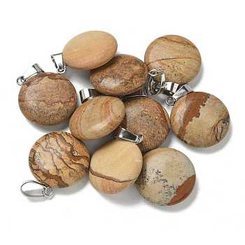 Natural Picture Jasper Pendants, with 201 Stainless Steel Finding, Flat Round, 24x20x7mm, Hole: 4x7mm