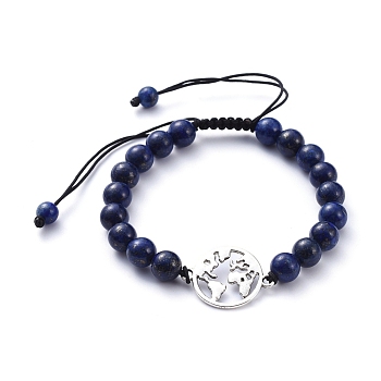 Unisex Adjustable Natural Lapis Lazuli Braided Bead Bracelets, with Alloy Links and Nylon Cord, World Map, 2-1/8 inch~4 inch(5.3~10.3cm)
