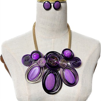 Aluminum Wire Wrapped Resin Beaded Oval Pendant Necklaces & Flat Round Stud Earrings Sets, Medium Orchid, 390mm