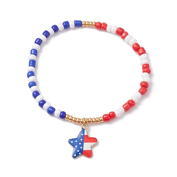 Glass Seed Beaded Stretch Bracelet, Independence Day Bracelet with Alloy Enamel Star Charms, Colorful, Inner Diameter: 2 inch(5.2cm)