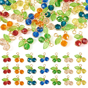 28Pcs 7 Colors Trabsparent Glass Pendants, Cherry, with Real 18K Gold Plated Copper Wire, Faceted, Mixed Color, 15mm, Hole: 2.3mm, 4pcs/color