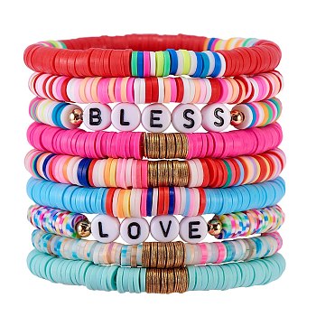 Love Bless Stretch Bracelet Sets for Teen Girl Women, Handmade Polymer Clay & Brass & Acrylic Beads Bracelets, Mixed Color, Inner Diameter: 2-1/8 inch(5.3cm), 9pcs/set