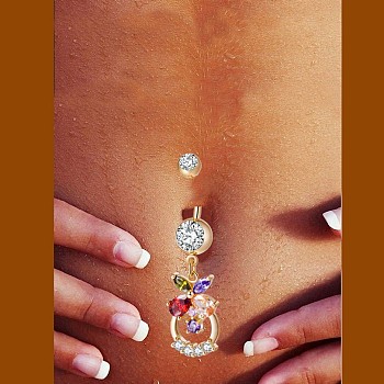 Piercing Jewelry, Brass Cubic Zirconia Navel Ring, Belly Rings, with Surgical Stainless Steel Bar, Cadmium Free & Lead Free, Real 18K Gold Plated, Flower Basket, Colorful, 41x12mm, Bar: 15 Gauge(1.5mm), Bar Length: 3/8"(10mm)