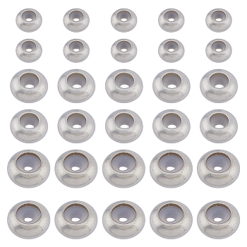50Pcs 3 Style 316L Surgical Stainless Steel Beads, with Rubber Inside, Slider Beads, Stopper Beads, Rondelle, Stainless Steel Color, 7~10x3.5~5mm, Rubber Hole: 1~5mm