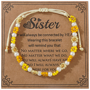 Bohemian Style Glass Seed Beads & Imitation Pearl Braided Bead Bracelets, Braided Nylon Cord Adjustable  Bracelets for Women, Sunflower, with Golden Brass Round Beads & Paper Card, Yellow, 11.02 inch(28cm)