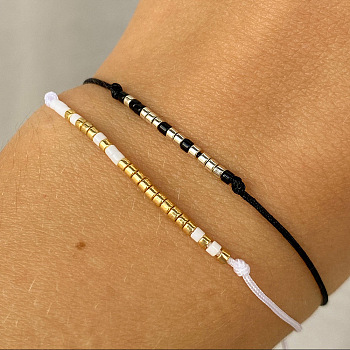 2Pcs Minimalist Glass Seed Bead Braided Bead Bracelets, Nylon Thread Adjustable Bracelet for Couple, Mixed Color, 11.02 inch(28cm)