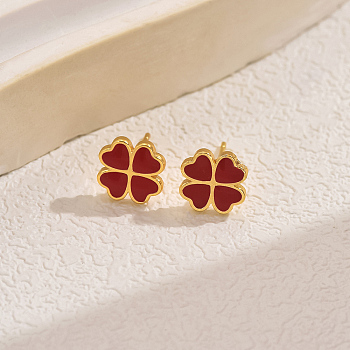 Elegant Alloy Clover Stud Earrings, Real 14K Gold Plated, Red, 9mm