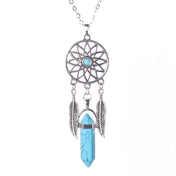 Platinum Aolly Web with Feather Shape Alloy Pendant Necklace, Synthetic Turquoise Bullet Necklace, 17.72 inch(45cm)