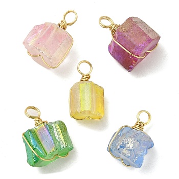 Electroplated Natural Quartz Nuggets Pendants, Copper Wire Wrapped Irregular Shaped Charms, Mixed Color, Golden, 19.5x10x11.5mm, Hole: 3.5mm