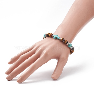 Natural Tiger Eye & Synthetic Turquoise(Dyed) Cross Beaded Bracelet(BJEW-TA00179-01)-4