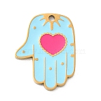 304 Stainless Steel Enamel Pendants, Hamsa Hand with Heart Charms, Ion Plating(IP), Golden, 20.5x15.5x1.5mm, Hole: 1.5mm(STAS-Z179-15G)