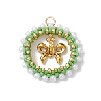 Glass Seed Beaded Christmas Wreath with Bowknot Pendants, with Tibetan Style Alloy Bead & 304 Stainless Steel Open Jump Rings, Lime Green, 28x29x6mm, Hole: 3mm(PALLOY-MZ01036)
