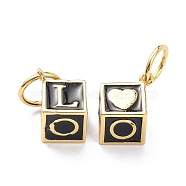 Brass Enamel Pendants, with Jump Ring, Long-Lasting Plated, Cube with Word LOVE, Real 18K Gold Plated, Black, 18x13x10mm, Jump Ring: 10x1mm, 7.5mm Inner Diameter(X-KK-L188-76G)