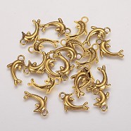 Alloy Pendants, Lead Free & Nickel Free, Dolphin, Antique Golden, 11x19x2mm, hole: 2.5mm(PALLOY-A19234-AG-FF)