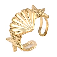 304 Stainless Steel Open Cuff Rings for Women, Starfish & Shell, Real 18K Gold Plated, Adjustable(RJEW-A049-03G)