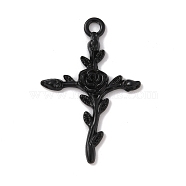 Tibetan Style Alloy Pendants, Cross with Rose Charm, Electrophoresis Black, 34.5x23x3mm, Hole: 2.5mm(FIND-WH0110-429EB)