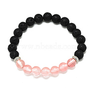 Cherry Quartz Glass Beads Stretch Bracelets, with Synthetic Lava Rock Beads and Alloy Beads, Round, Inner Diameter: 2-1/8 inch(5.5cm), Beads: 8.5mm(BJEW-R309-02-A15)