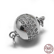 Rhodium Plated 925 Sterling Silver Bayonet Clasps, with 925 Stamp, with Cubic Zirconia, Round, Clear, Platinum, 16x10.5mm, Hole: 1.6mm(STER-L057-008B)